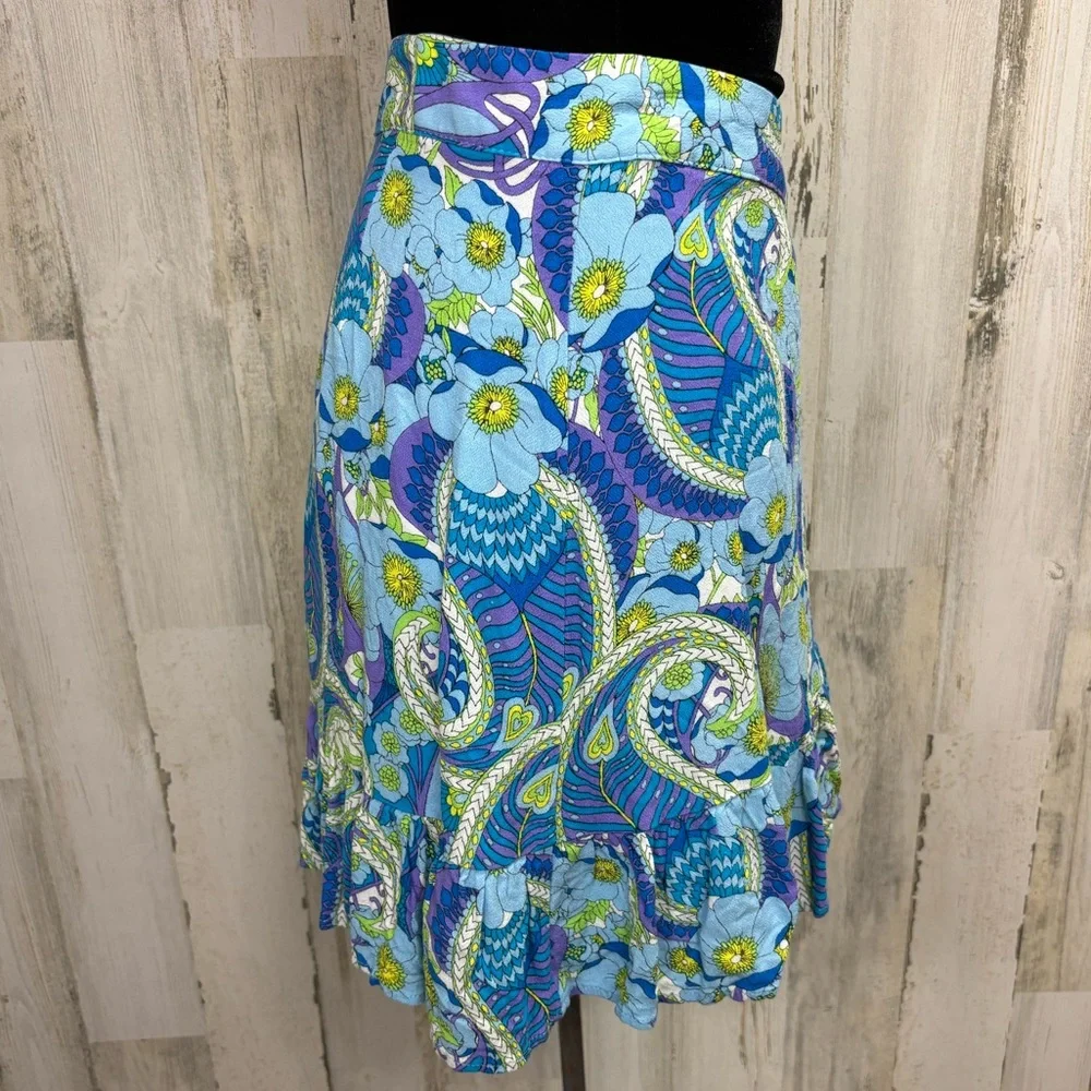 Scoop Paisley Floral Wrap‎ Mini Skirt in Blue and Green